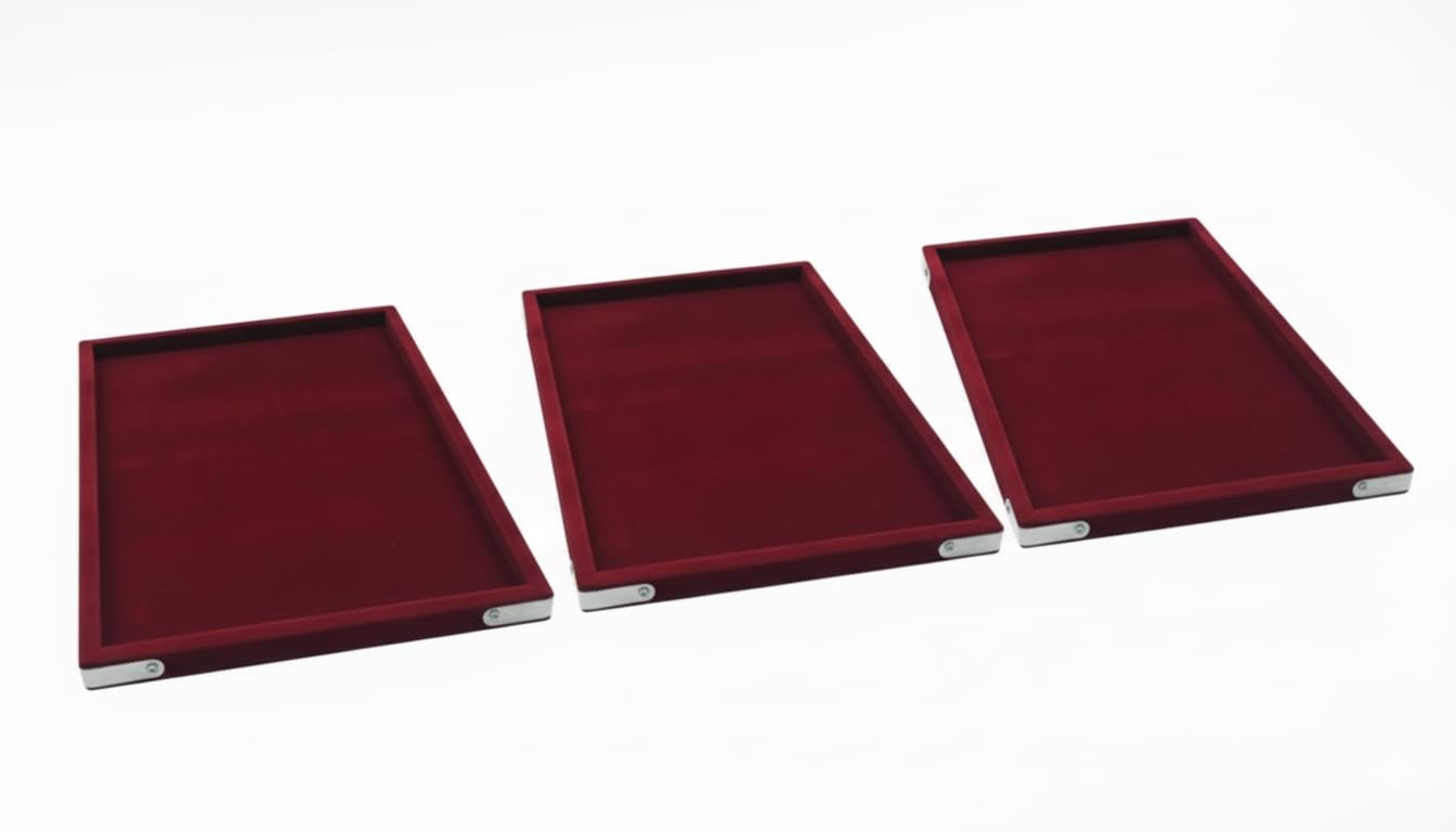 Rpinkal Combo Jewellery Display Organizer Tray (12x9 inch & 14x10 Inch & 15x12Inch) Velvet Tray Pack of 3 (Maroon)