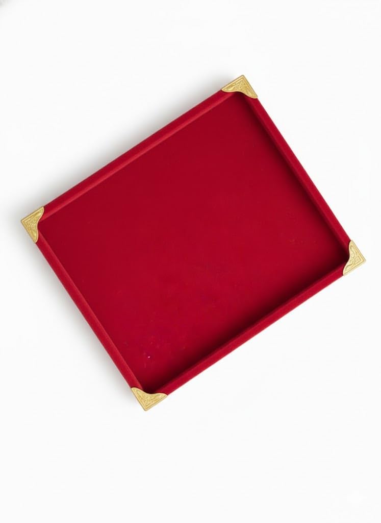 Rpinkal Premium Velvet Jewellery Display Tray 12 x 9 Inch Elegant Design with Gold Corner Protectors (Red)1 PCS