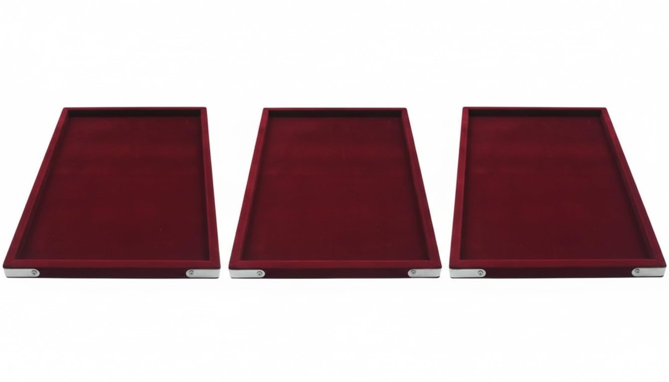 Rpinkal Combo Jewellery Display Organizer Tray (12x9 inch & 14x10 Inch & 15x12Inch) Velvet Tray Pack of 3 (Maroon)