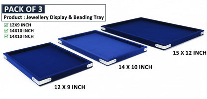 Rpinkal Combo Jewellery Display Organizer Tray Velvet (12x9 inch & 14x10 Inch & 15x12Inch) Velvet Tray Pack of 3 (Blue)