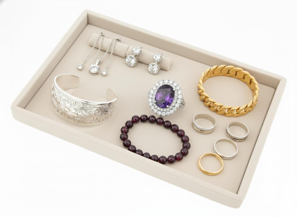 Rpinkal Velvet Jewellery Display & Organizer Tray Set of 3 – Ivory Cream | Premium Multipurpose Beading Trays for Rings, Earrings, Bracelets, Bangles & Showcase Display | Sizes 12x9, 14x10, 15x12 Inch (Ivory Cream)