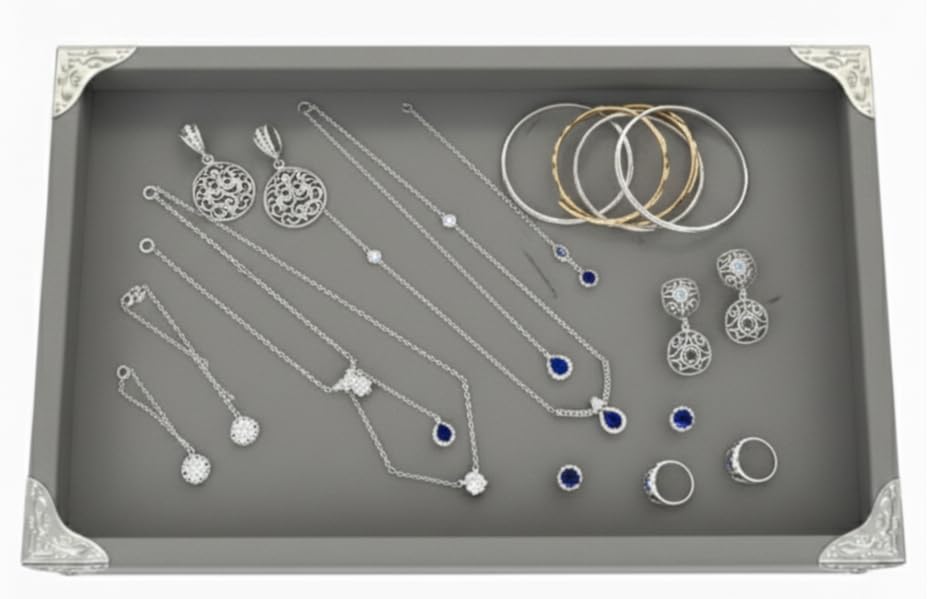 Rpinkal Premium Velvet Jewellery Display Tray 12 x 9 Inch Elegant Design with Gold Corner Protectors (Grey)1 PCS