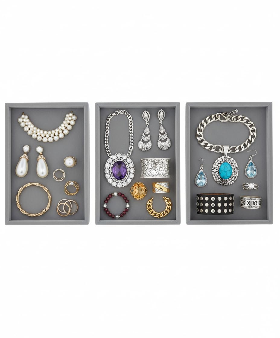 Rpinkal Combo Jewellery Display Organizer Tray Velvet (12x9 inch & 14x10 Inch & 15x12Inch) Velvet Tray Pack of 3 - Grey