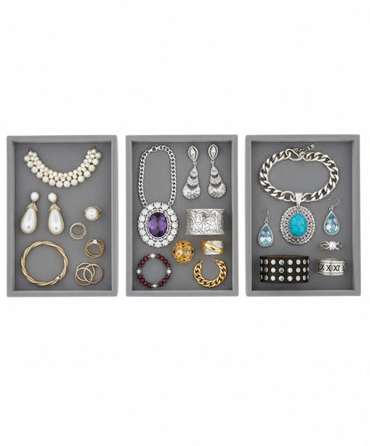 Rpinkal Combo Jewellery Display Organizer Tray Velvet (12x9 inch & 14x10 Inch & 15x12Inch) Velvet Tray Pack of 3 - Grey