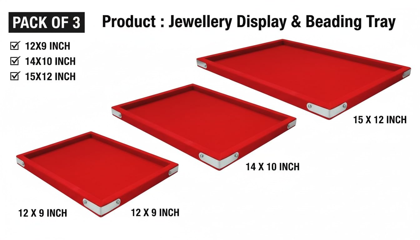 Rpinkal Velvet Combo Jewellery Display Organizer Tray (12x9 inch & 14x10 Inch & 15x12Inch) Velvet Tray Pack of 3 (Red)