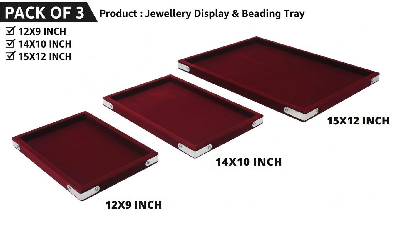 Rpinkal Combo Jewellery Display Organizer Tray (12x9 inch & 14x10 Inch & 15x12Inch) Velvet Tray Pack of 3 (Maroon)