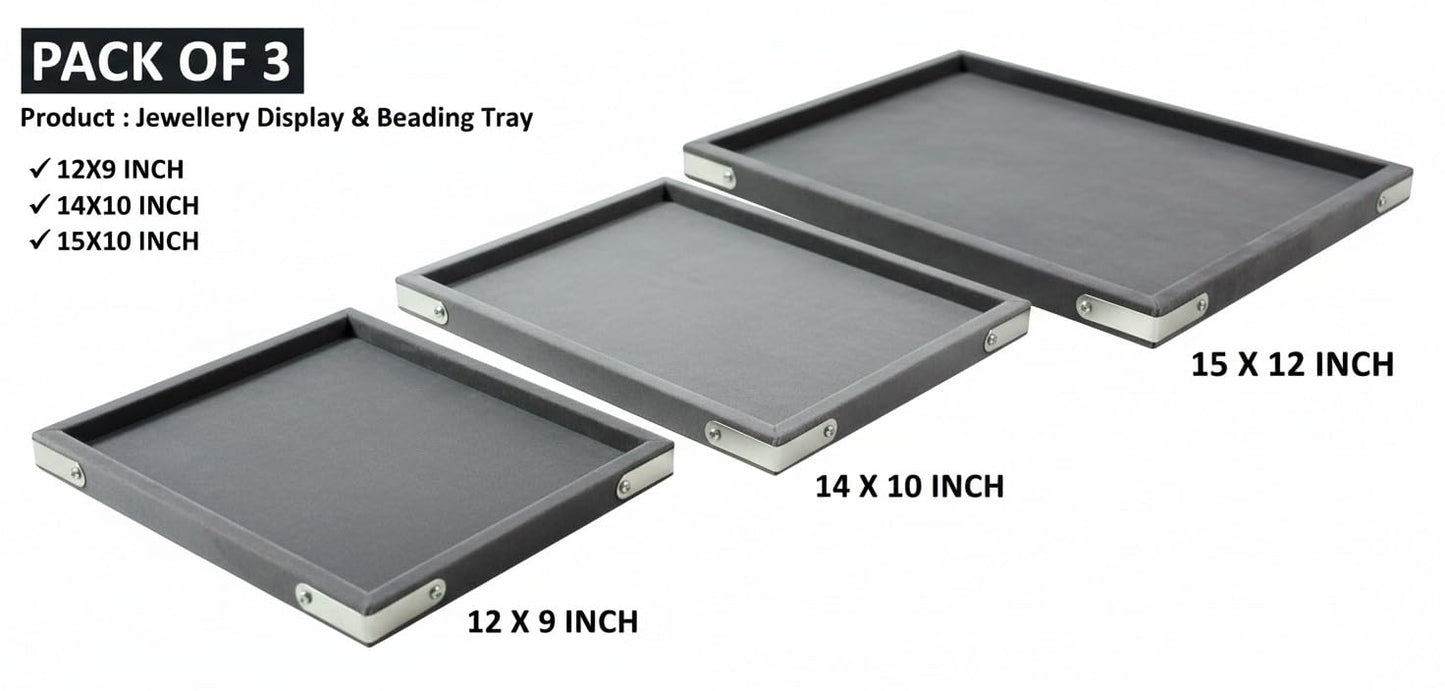 Rpinkal Combo Jewellery Display Organizer Tray Velvet (12x9 inch & 14x10 Inch & 15x12Inch) Velvet Tray Pack of 3 - Grey