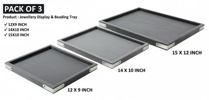 Rpinkal Combo Jewellery Display Organizer Tray Velvet (12x9 inch & 14x10 Inch & 15x12Inch) Velvet Tray Pack of 3 - Grey