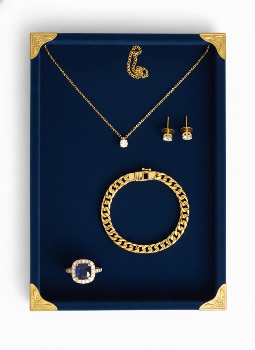 Rpinkal Premium Velvet Jewellery Display Tray 12 x 9 Inch Elegant Design with Gold Corner Protectors (Blue)1 PCS