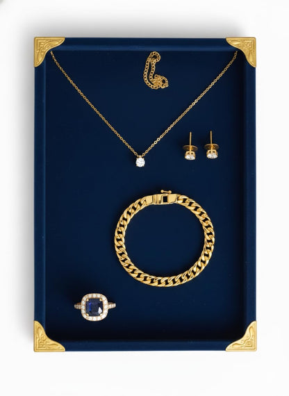 Rpinkal Premium Velvet Jewellery Display Tray 12 x 9 Inch Elegant Design with Gold Corner Protectors (Blue)1 PCS