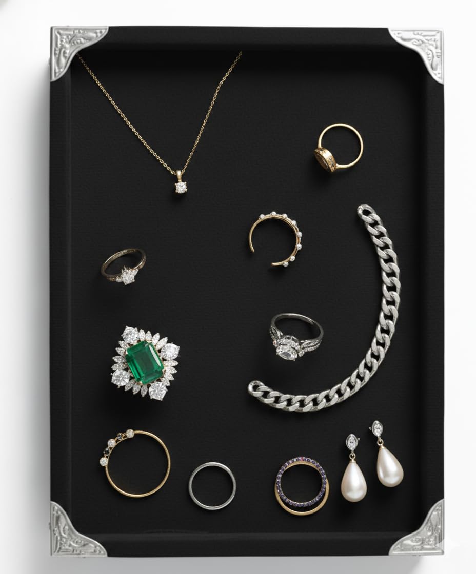 Rpinkal Premium Velvet Jewellery Display Tray 12 x 9 Inch Elegant Design with Gold Corner Protectors (Black)1 PCS