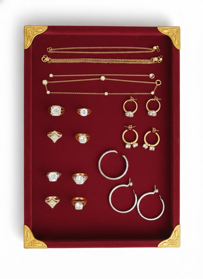 Rpinkal Premium Velvet Jewellery Display Tray 12 x 9 Inch Elegant Design with Gold Corner Protectors (Maroon)