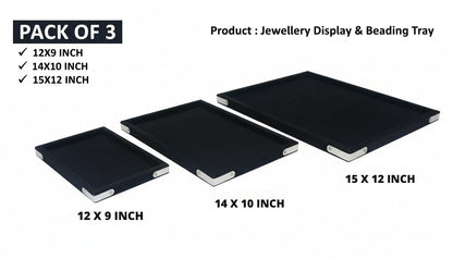 Rpinkal Combo Jewellery Display Organizer Tray Velvet (12x9 inch & 14x10 Inch & 15x12Inch) Velvet Tray Pack of 3 (Black)