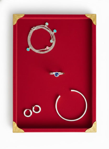 Rpinkal Premium Velvet Jewellery Display Tray 12 x 9 Inch Elegant Design with Gold Corner Protectors (Red)1 PCS