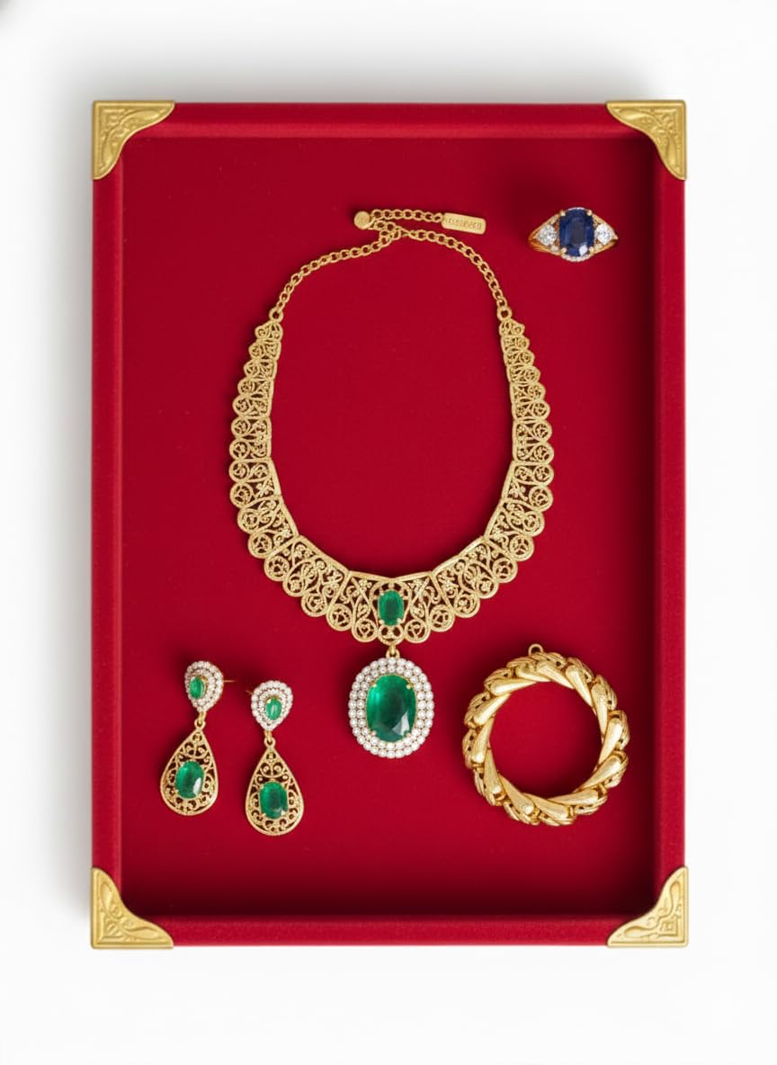 Rpinkal Premium Velvet Jewellery Display Tray 12 x 9 Inch Elegant Design with Gold Corner Protectors (Red)1 PCS