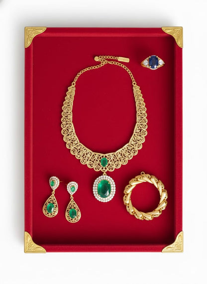 Rpinkal Premium Velvet Jewellery Display Tray 12 x 9 Inch Elegant Design with Gold Corner Protectors (Red)1 PCS