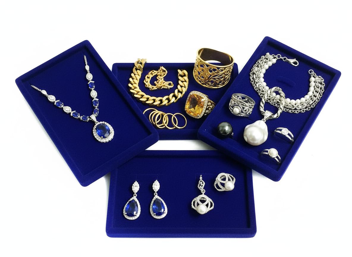 Rpinkal Combo Jewellery Display Organizer Tray Velvet (12x9 inch & 14x10 Inch & 15x12Inch) Velvet Tray Pack of 3 (Blue)