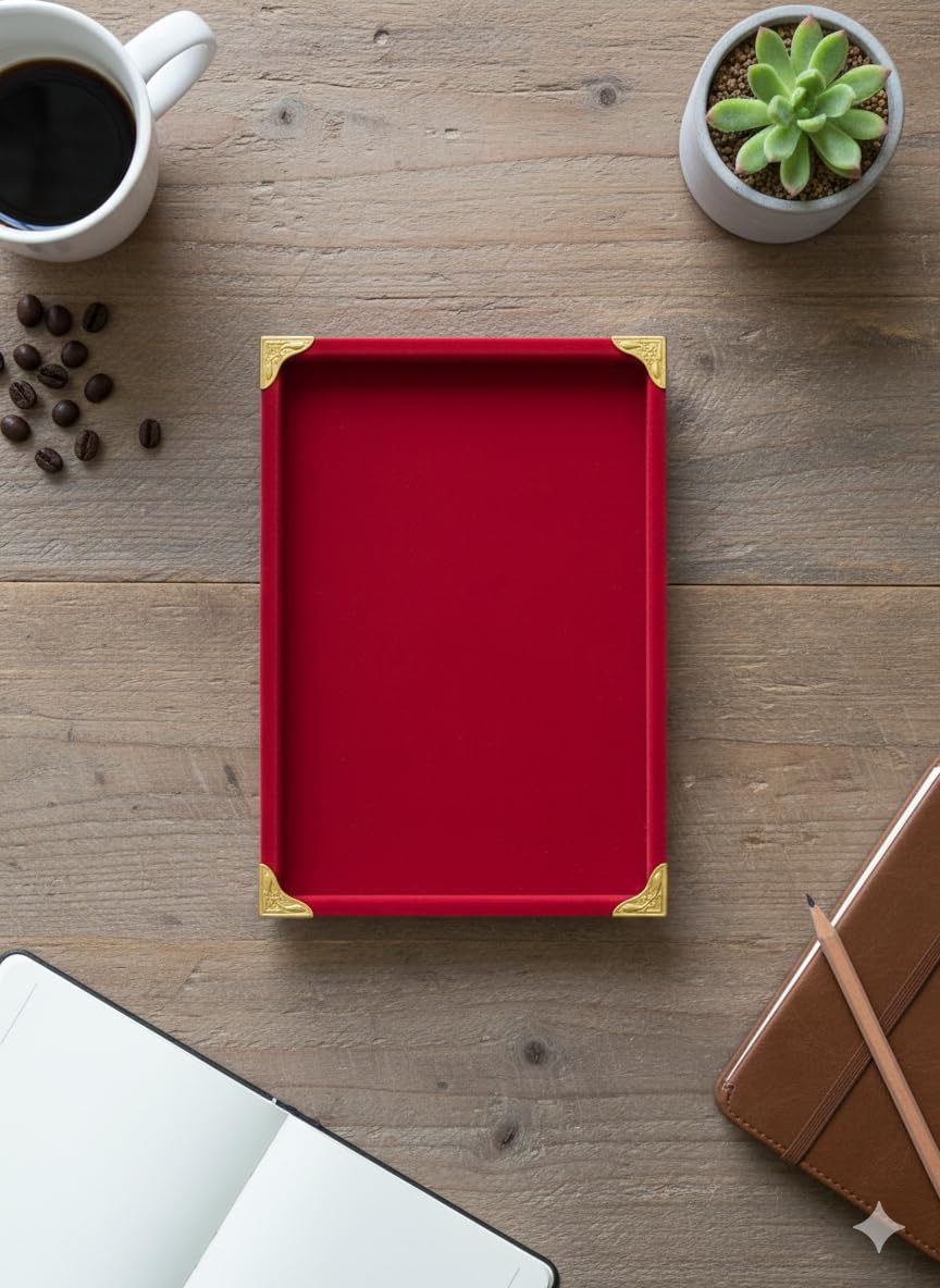 Rpinkal Premium Velvet Jewellery Display Tray 12 x 9 Inch Elegant Design with Gold Corner Protectors (Red)1 PCS