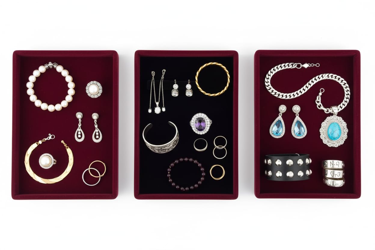 Rpinkal Combo Jewellery Display Organizer Tray (12x9 inch & 14x10 Inch & 15x12Inch) Velvet Tray Pack of 3 (Maroon)