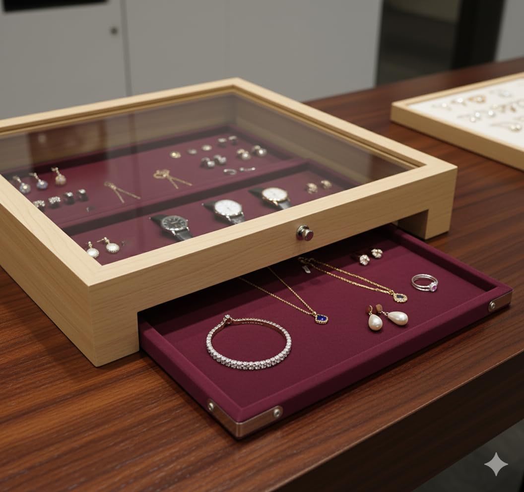 Rpinkal Combo Jewellery Display Organizer Tray (12x9 inch & 14x10 Inch & 15x12Inch) Velvet Tray Pack of 3 (Maroon)