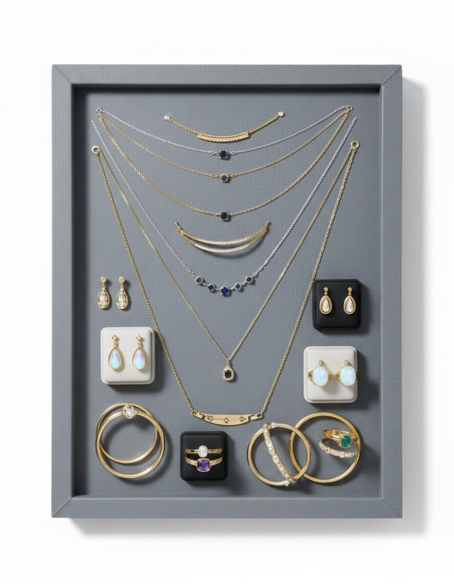 Premium Velvet Jewellery Display Tray 12 x 9 Inch | Ring, Earring & Bracelet Organizer | Charcoal Grey (Pack of 2)