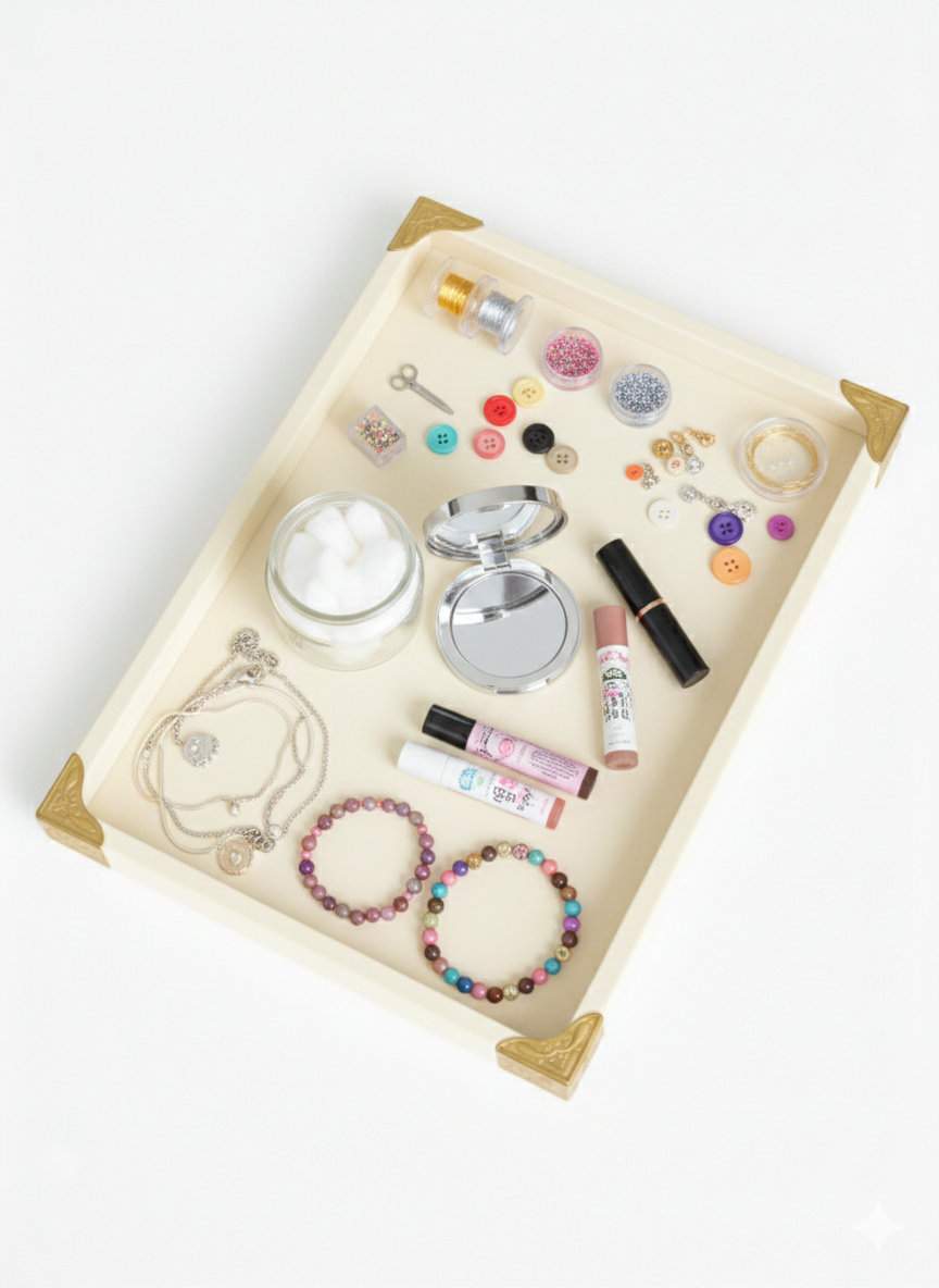 RpinkalVelvet Jewellery Display Tray 12 x 9 Inch | Premium Organizer for Rings, Earrings, Bracelets & Accessories | Elegant Display Tray with Gold Corner Protectors (Ivory cream.)