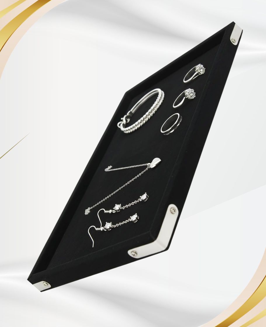 Rpinkal Combo Jewellery Display Organizer Tray Velvet (12x9 inch & 14x10 Inch & 15x12Inch) Velvet Tray Pack of 3 (Black)